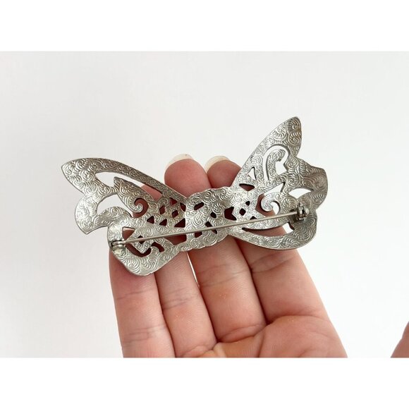 Silver Toned Marcasite Accented XL Ribboned Bow Vintage Brooch Pin - Picture 8 of 10